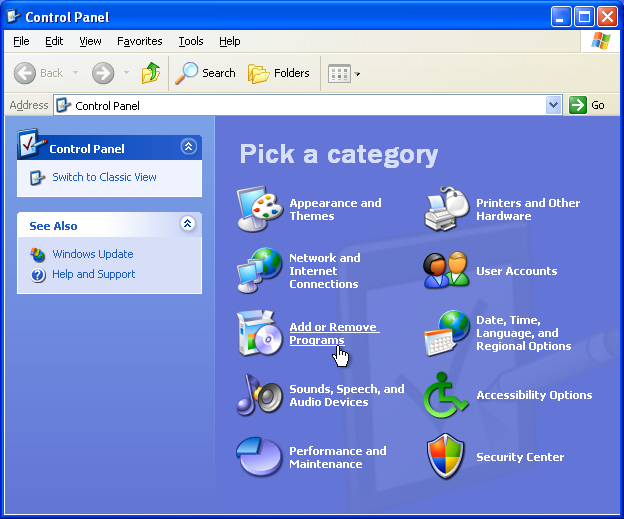 opening add or remove programs in control panel screenshot