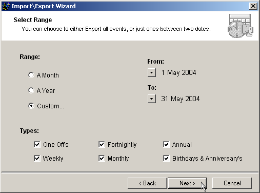 select date range and event types