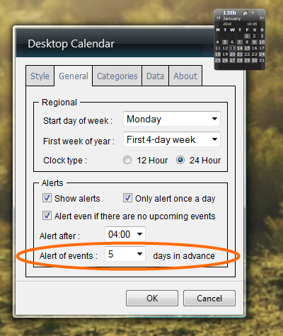 alert days in advance setting screenshot