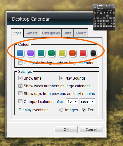 colour setting screenshot