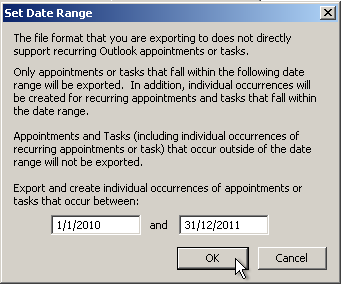 outlook set date range